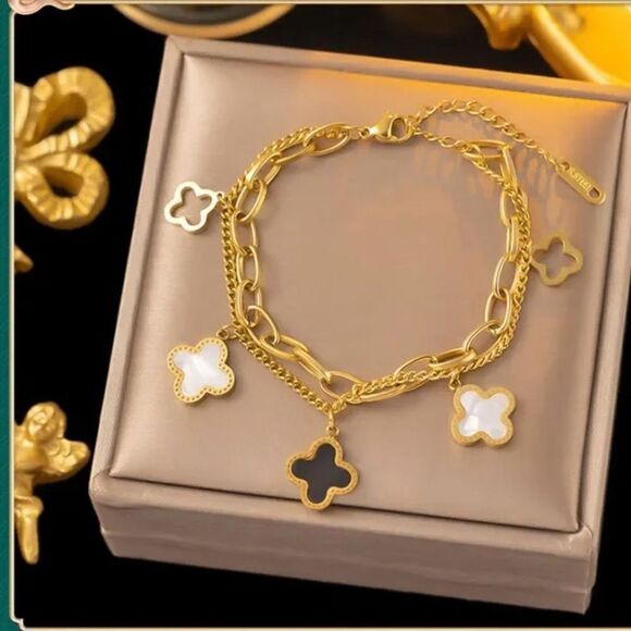NEW Four Leaf Clover Gold Double Layer Charm Bracelet - Picture 1 of 10